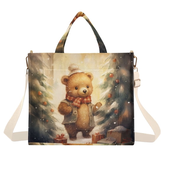 Bear Christmas Trees Gifts Corduroy Tote Bag Handbag Large Messenger Bag Shoulder Crossbody Zipper Bag Purse