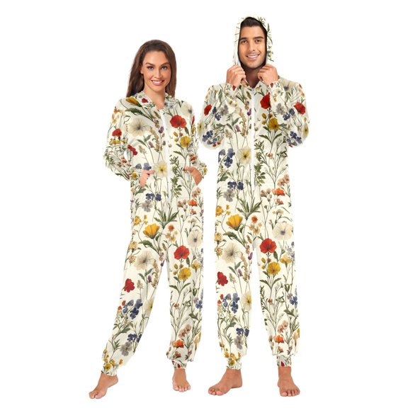 FORMRS Onesies Pajama for Adults Unisex Hoodie Winter Jumpsuit One Piece Sleepwear, Sizes S-2XL, Beige Floral