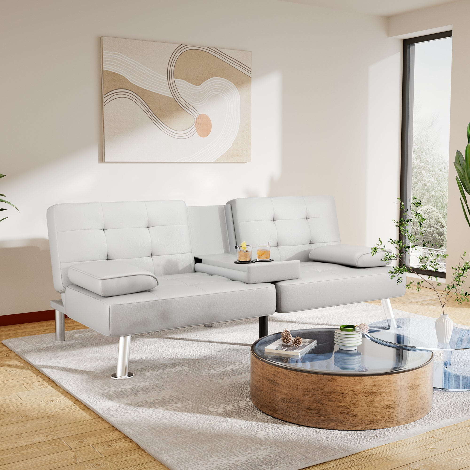 Vineego Modern Faux Leather Couch Convertible Folding Futon Sofa Bed with 2 Cup Holders,White