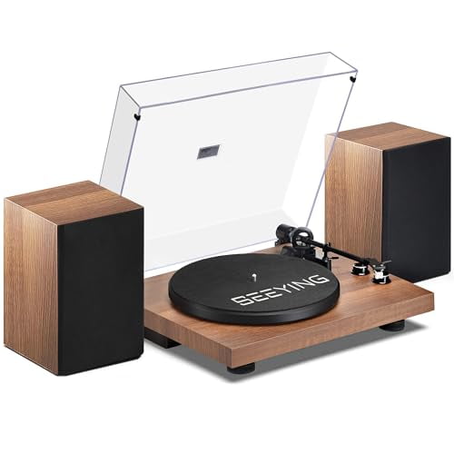 Tocadiscos de vinilo con Bluetooth, altavoces estéreo de estantería de 36 vatios, sistema Hi-Fi con cartucho magnético, grabación USB y parada automática