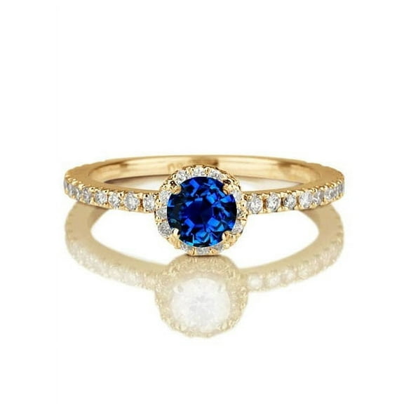 1.50 carat Round Cut Sapphire and Diamond Halo Engagement Ring in 10k Yellow Gold