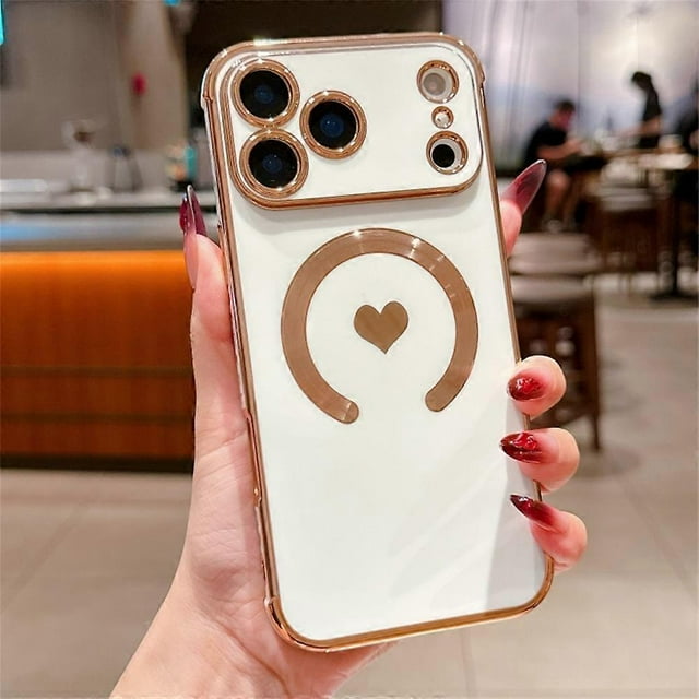 For iPhone 17 Pro Magnetic Case Electroplating Soft TPU Cover with Cute Love Heart - Dark Purple