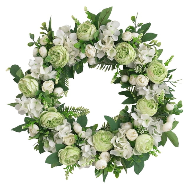 Corona de flores de peonía artificial, corona floral para decoración de interiores, adorno blanco Blanco Verde1