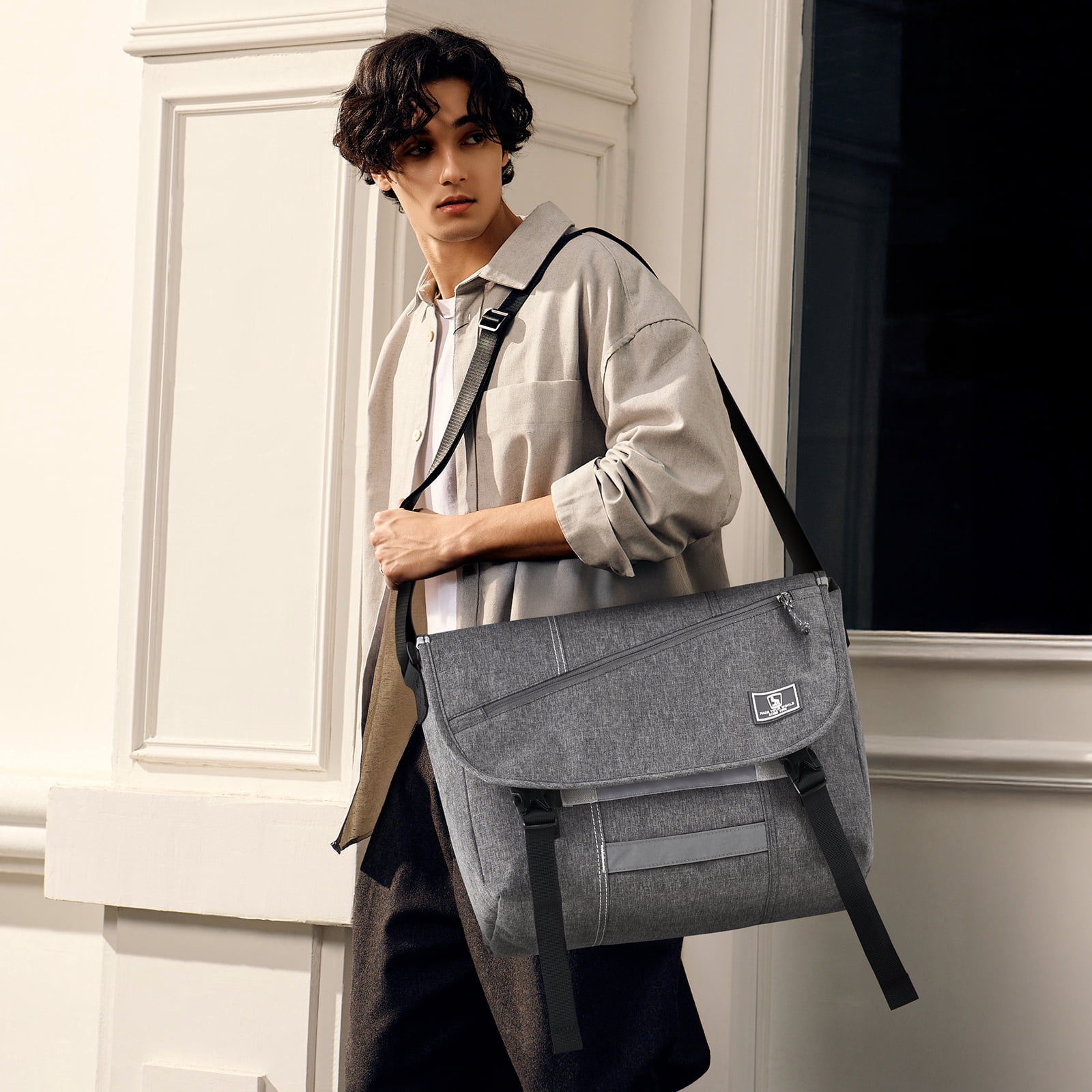 OIWAS 15.6 inch Laptop Messenger Briefcase for Men Women, Large Casual Satchel with Shoulder Strap, Gray
