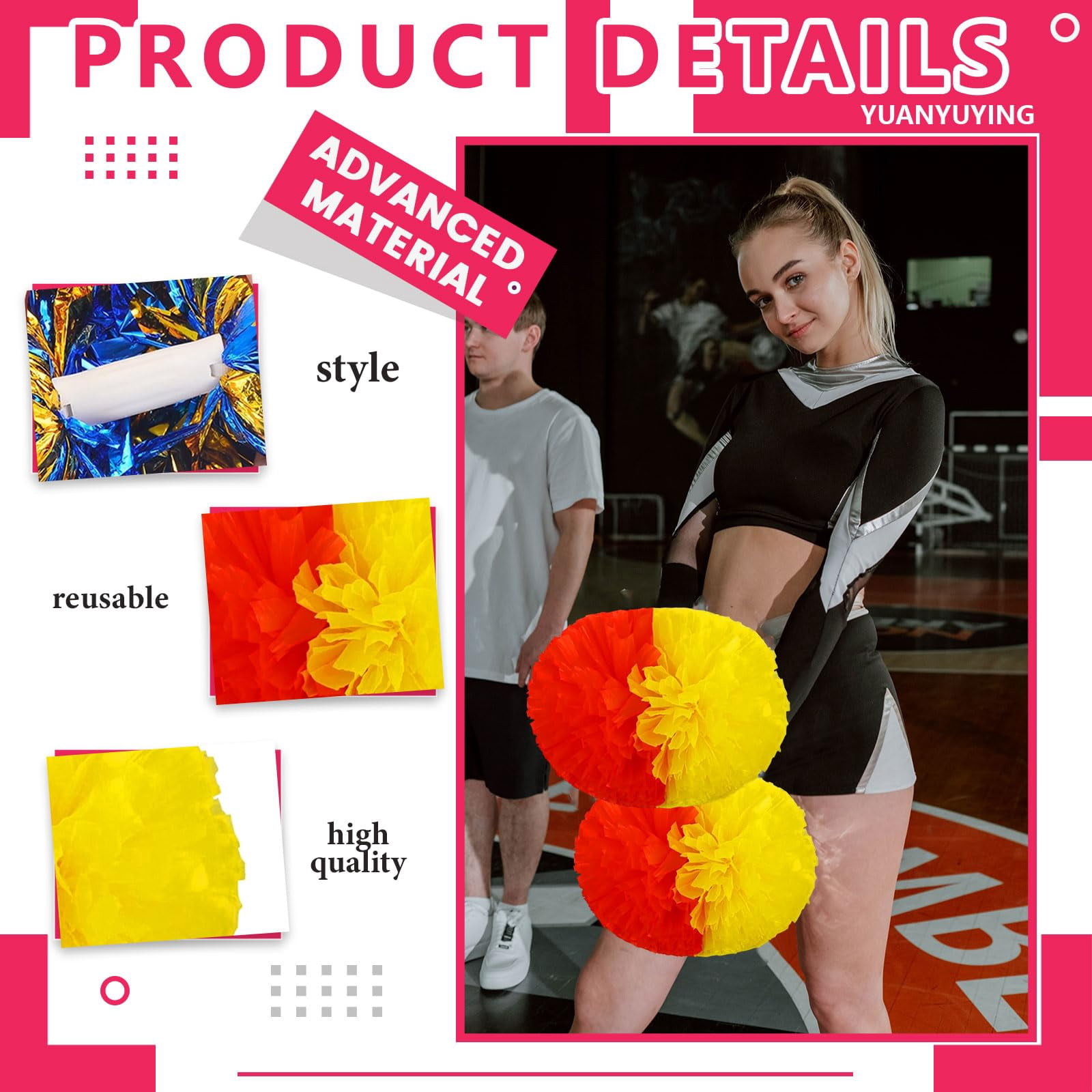 Cheer Pom Poms 20 Pcs with Handle, Cheerleading Handheld Squad Pompoms for Sports Team Cheer Spirit Games Dance Party Adults