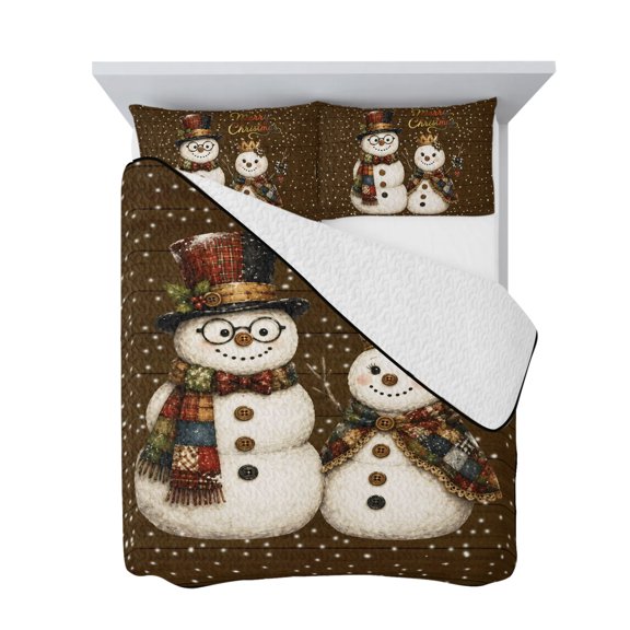 Twin Quilt Bedding Set, Christmas Snowman Topper Hats Soft Microfiber Summer Bedspread Coverlet with 2 Pillow Shams for All Season, Vintage Wooden Plank Breathable Bedding Set for Hot Sleepers