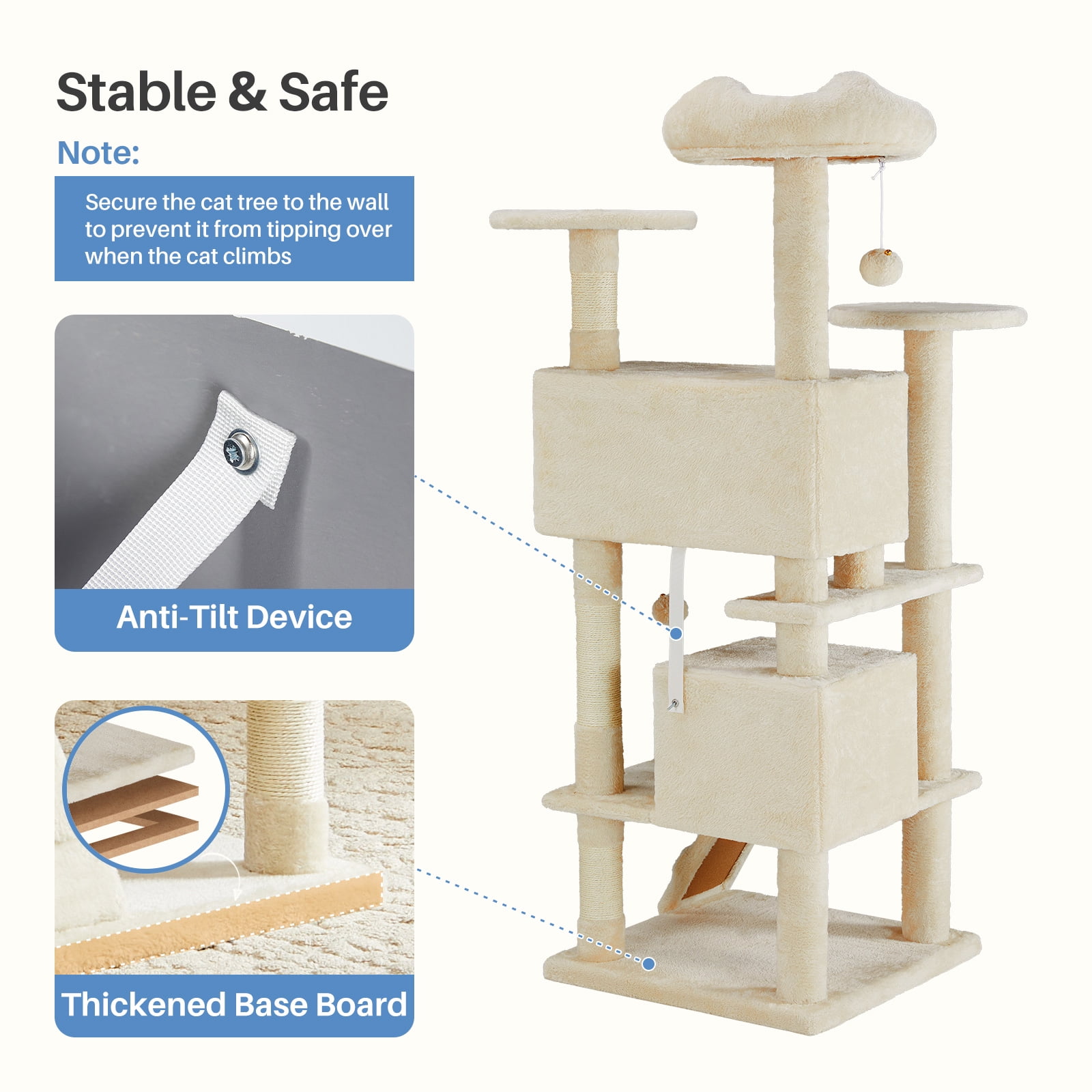 Cat Tree, 54-Inch Multi-Level Cat Tower with Scratching Post, Plush Cat Condo, Light Cream