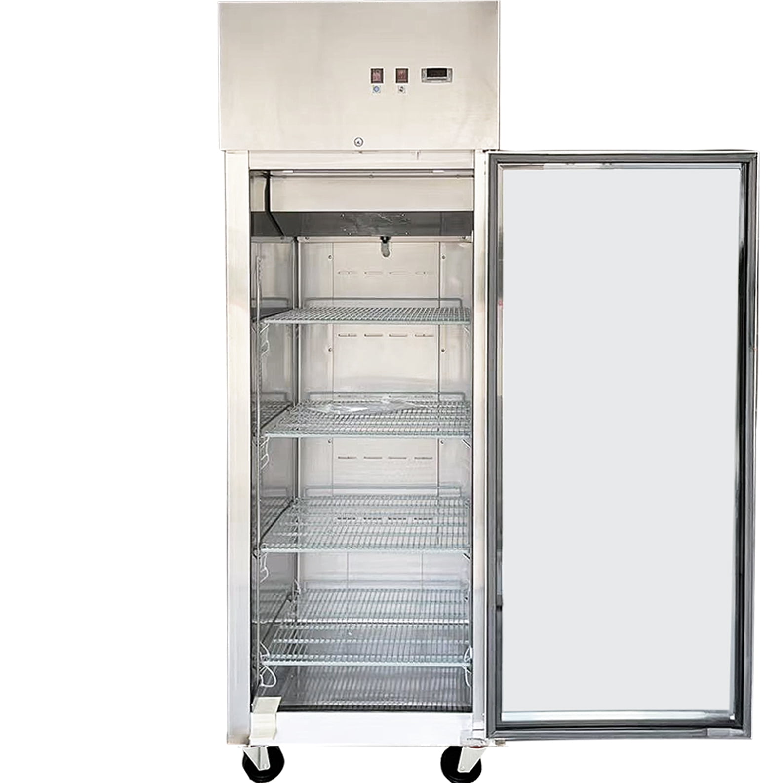 NSF 19 Cu Ft Single Door Commercial Glass Refrigerator Top Mount LED, Stainless Steel Reach In