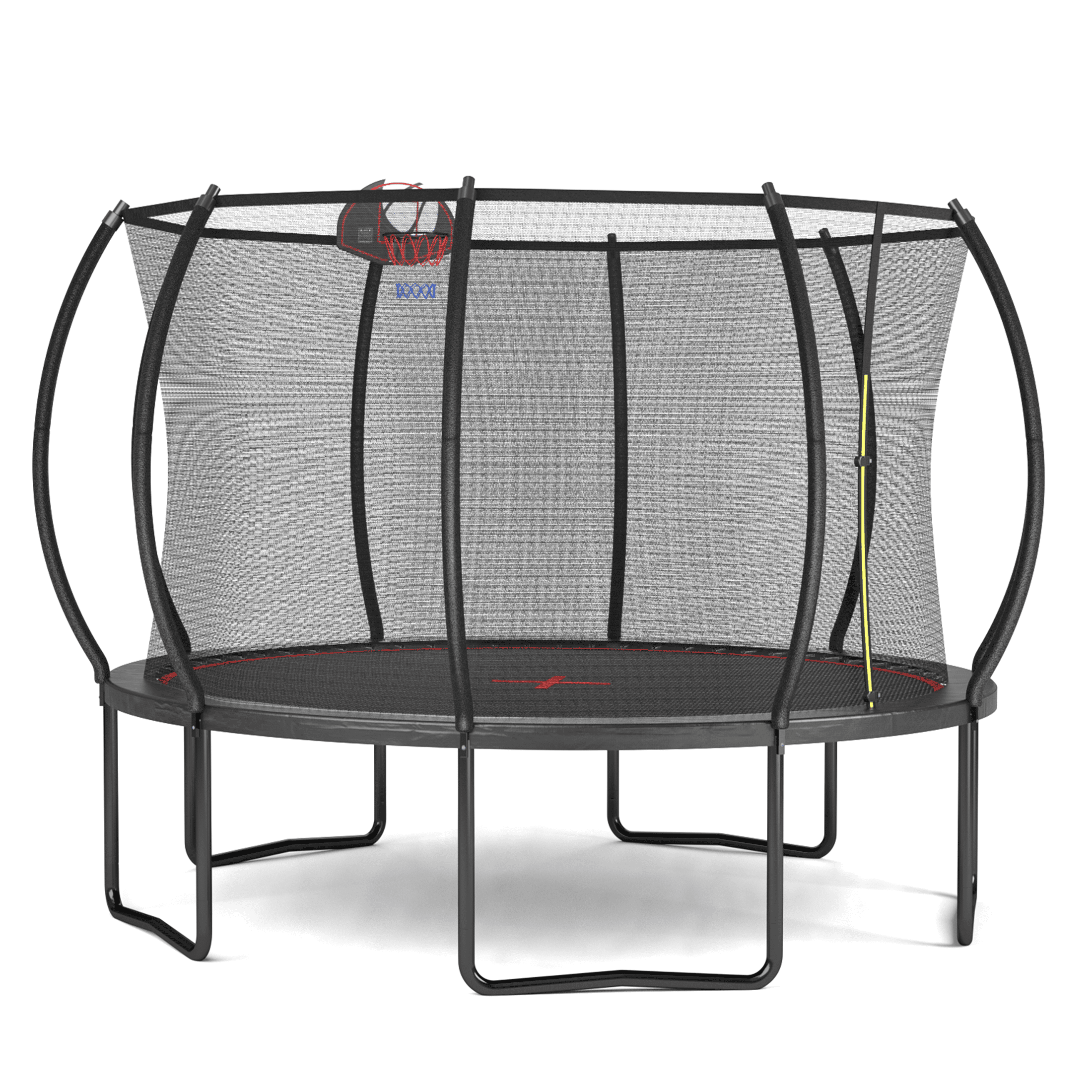 JERFIT 12ft Trampoline with Safety Enclosure Net, Basketball Hoop & Ladder, Outdoor Jumping Mat for Kids and Family, Black and Red
