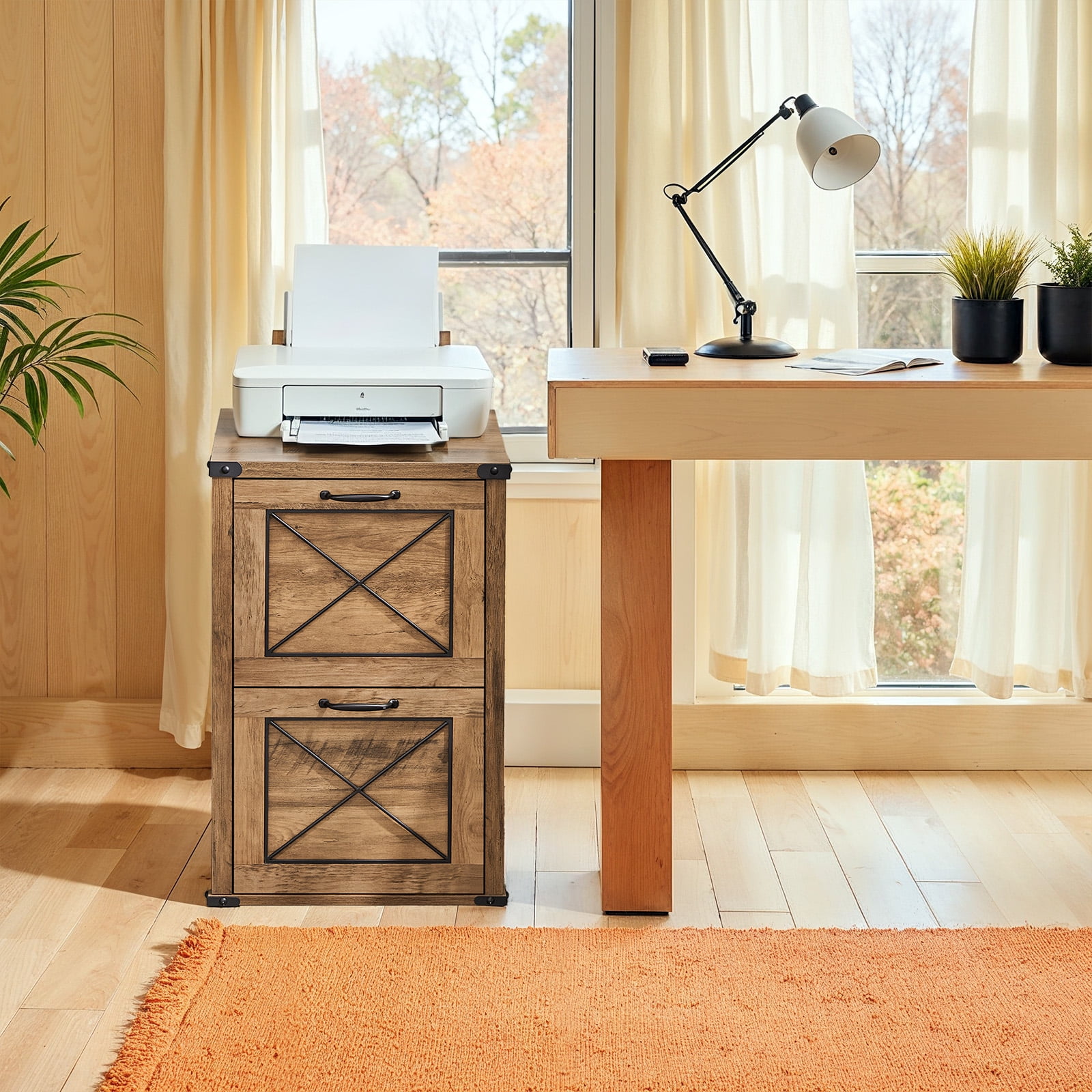 LEDREM 2-Drawer File Cabinet with Hanging File Folders, Modern Farmhouse Office Cabinet and Printer Stand, Fits A4 & Letter Size, Honey Brown
