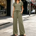 thumbnail image 2 of VBVC Women's Collared V-Neck 2 Piece Lounge Set, Casual Summer Tracksuit Outfit with Drawstring Wide Leg Pants and Pockets,Army Green,S-2XL, 2 of 7