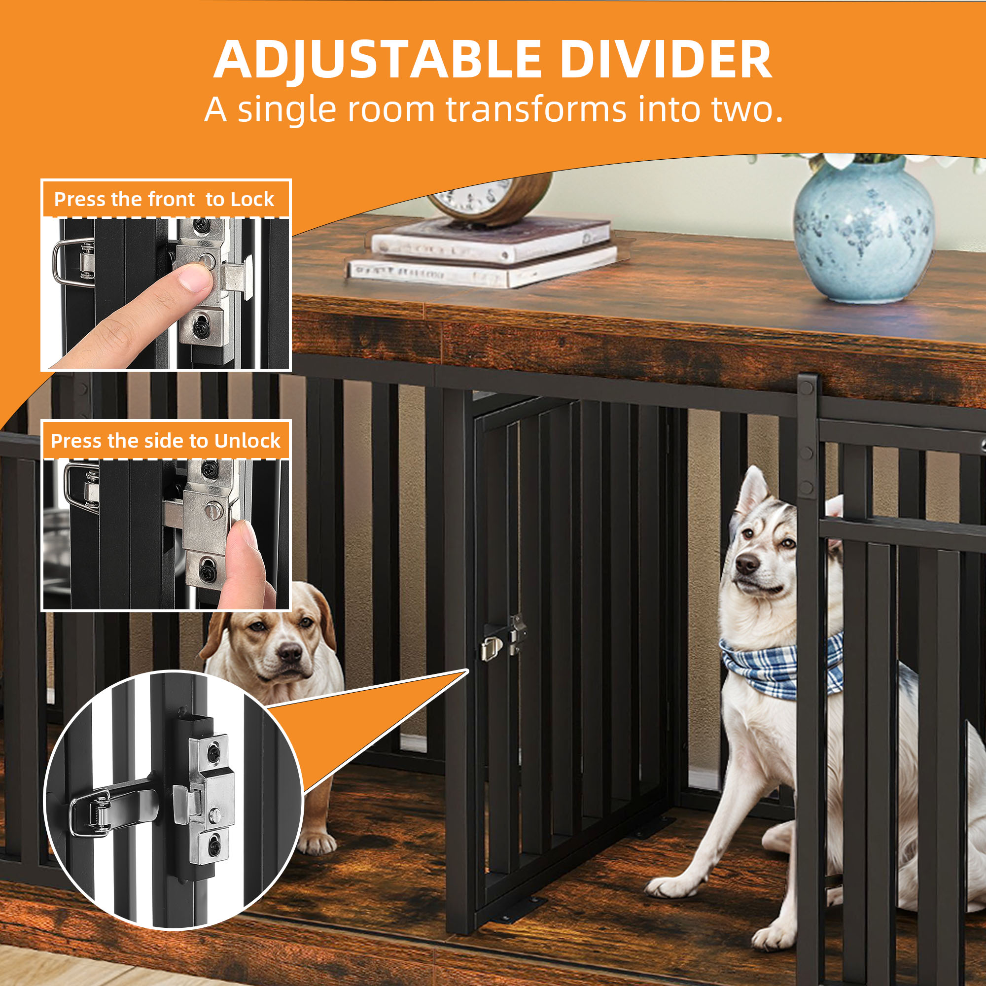 Craftian 71In Farmhouse Dog Crate TV Stand, Wooden Dog Kennel Furniture with 4 Dog Bowls, Large Dog Crate Furniture for 2 Dogs - Rustic Brown