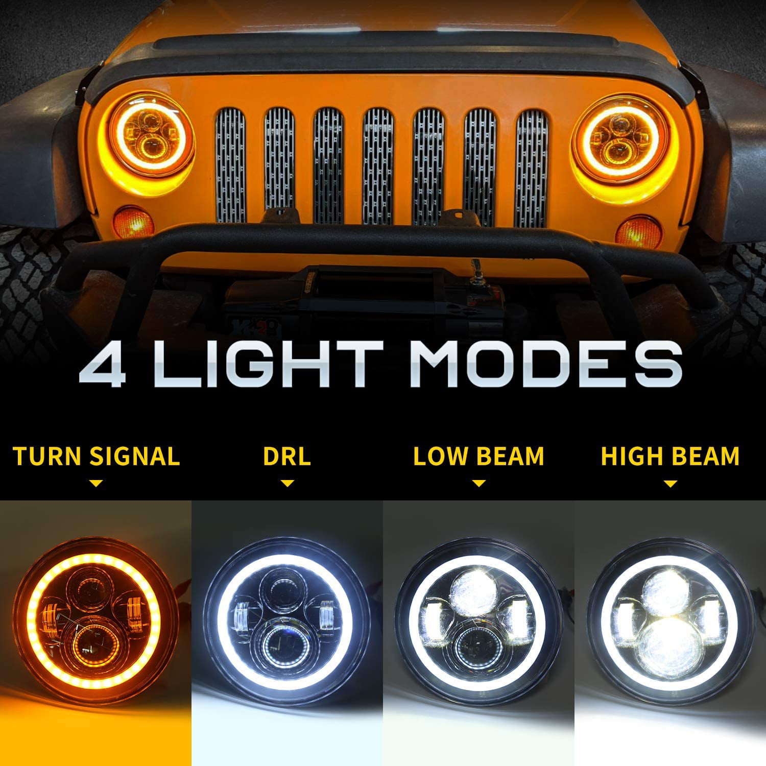 7 Inch LED Halo Headlights with Turn Signal Amber White DRL