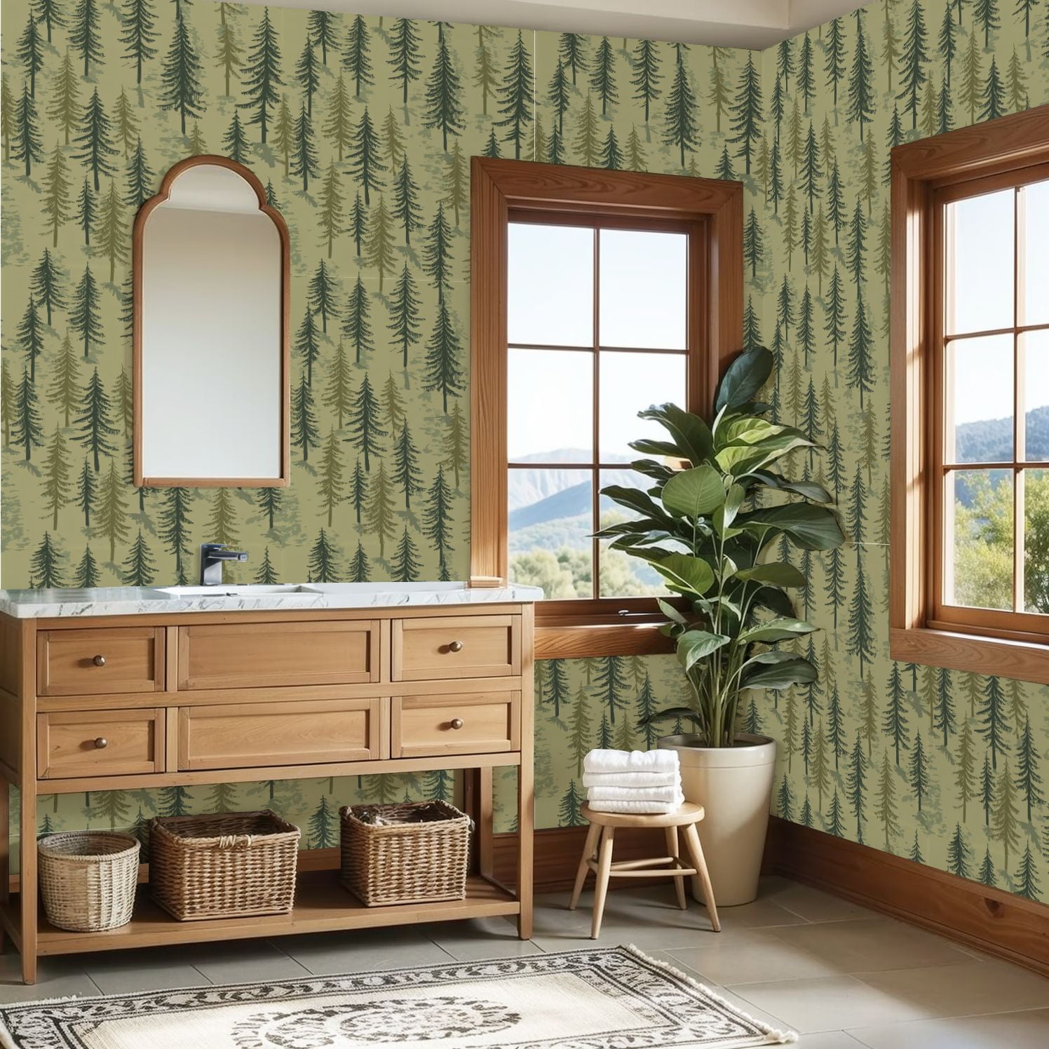 Peel and Stick Wallpaper Seamless Pine Tree Forest Green Tones Wall Mural 23.6in x 9.8ft Self Adhesive Removable Wall Paper Renter Friendly Wallpaper for Nursery Bedroom Cabin Decor