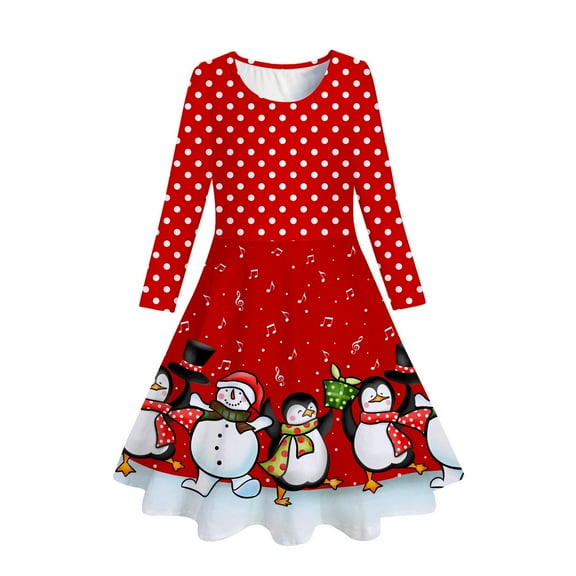 Adeawade Dresses For Girls Christmas Long Sleeve Cartoon Prints Xmas Dresses Crewneck Dress Classic Outfits Size 8-9 Years Hot Pink