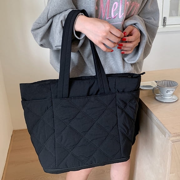 Puffer Quilted Tote Bag for Women with Expandable Bottom, Large Capacity Lightweight Shoulder Handbag for Work Commute School College Travel, Black