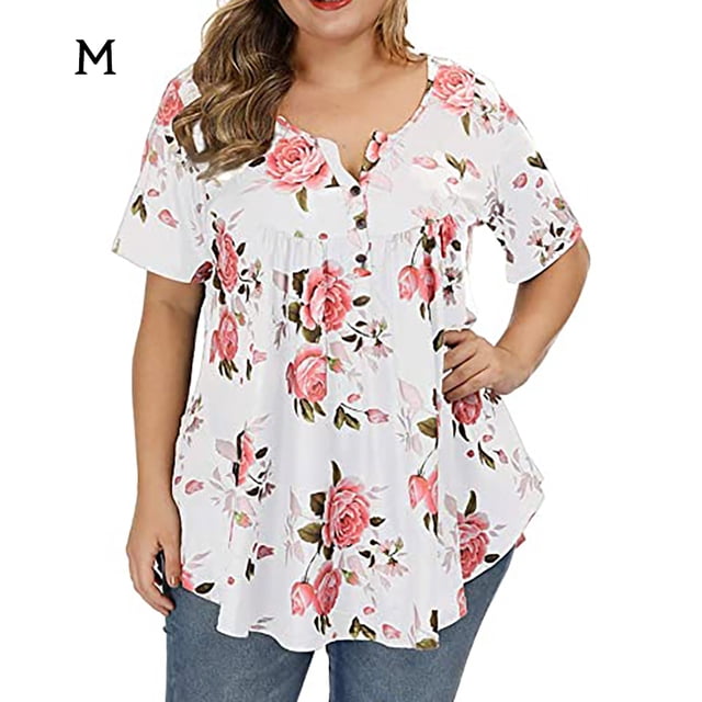 Camisa de mujer Camiseta de manga corta con estampado floral Blusa con cuello en V, Blanco, M Methold AP002466-10