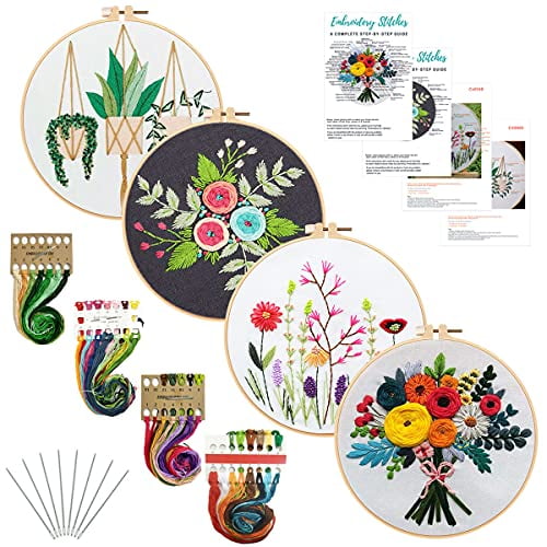 Nuberlic 2 Pack Embroidery Starter Kit Cross Stitch Kits with Pattern for Beginners Adults Stamped Embroidery Cloth Hoops Threads Needles Craft Projects 