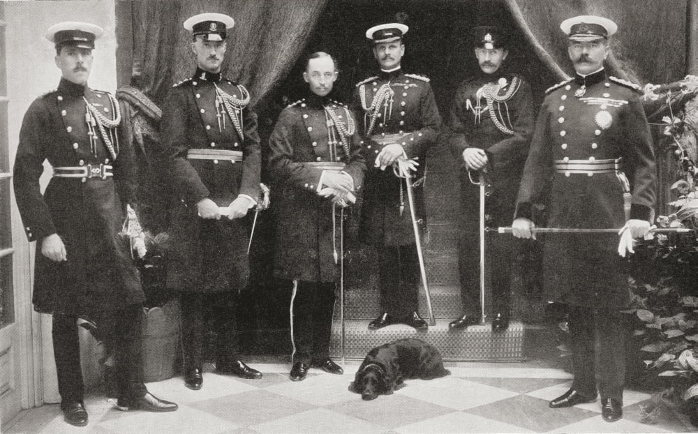 Lord Kitchener and his personal staff in India From left to right Lieut GGE Wylly Captain NJC Livingstone-Learmonth Captain OAG Fitzgerald Colonel WR Birdwood Captain WF Basset and Lord Kitchener Fiel