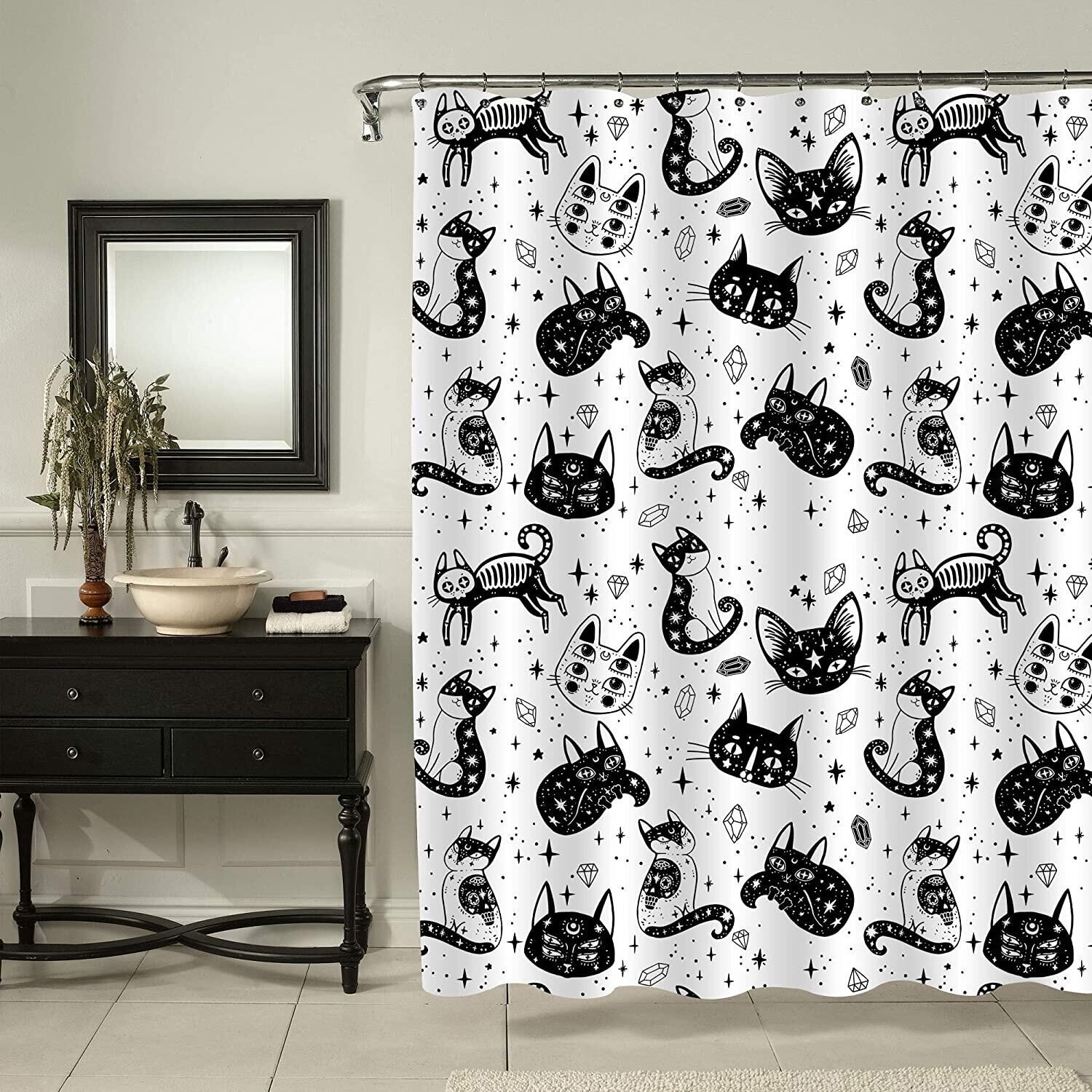 Black and White Cat Shower Curtains Set Cute Abstract Kitten Theme Woman and Girl Gifts Fabric