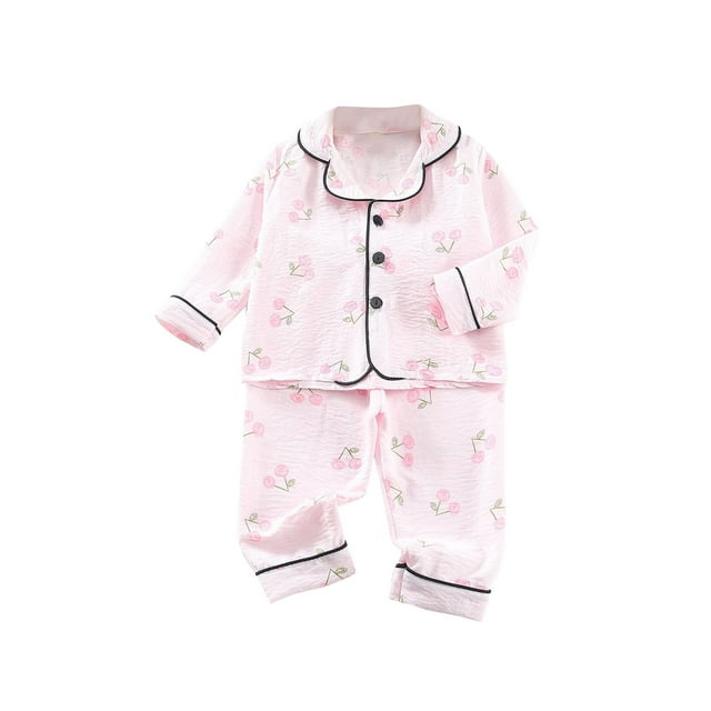 Odeerbi 1-5 Años Boys Girls Verano Pijamas de Algodón de Manga Larga Con Solapa Con Muescas Camisa Pantalones Set Soft Floral Sleepwear Pijama Set