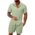 thumbnail image 1 of HBFAGFB Two Piece Summer Set Mens Fashion Lapel Button Down Shirt Light Breathable Shorts Green Size M, 1 of 5