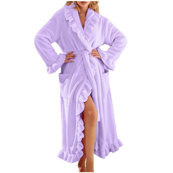 Fesfesfes Women Fleece Bathrobe Long Sleeve Plush Robe with Pockets Waist Cozy Casual Wear Soft Winter Robe Warm Cardigan Style Bathrobe for Home Relaxation Spa Hotel(Purple,M)