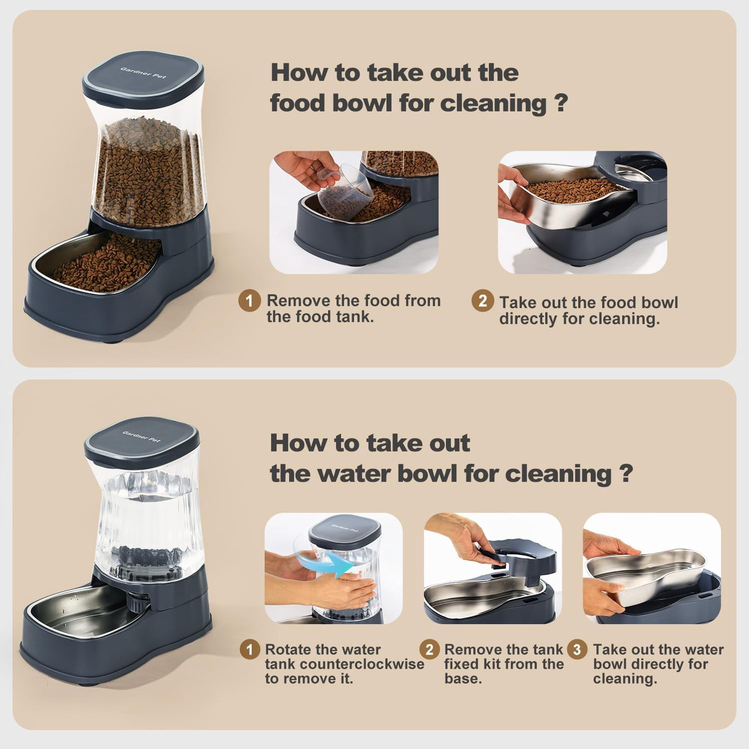 Nomipaw 2Pcs Cat&Dog Feeder & Waterer - Automatic Gravity Feeding - 1 Gallon Each Feeder - Black Gray