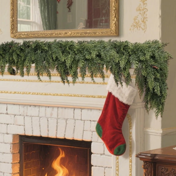 Guvpev 9FT Christmas Garland - Cedar Garland, Cypress Garlands, Real Touch Pine Garlands, Greenery Garland Christmas Decorations for Mantel, Table, Window, Porch, Stairs, Winter Christmas Home Decor