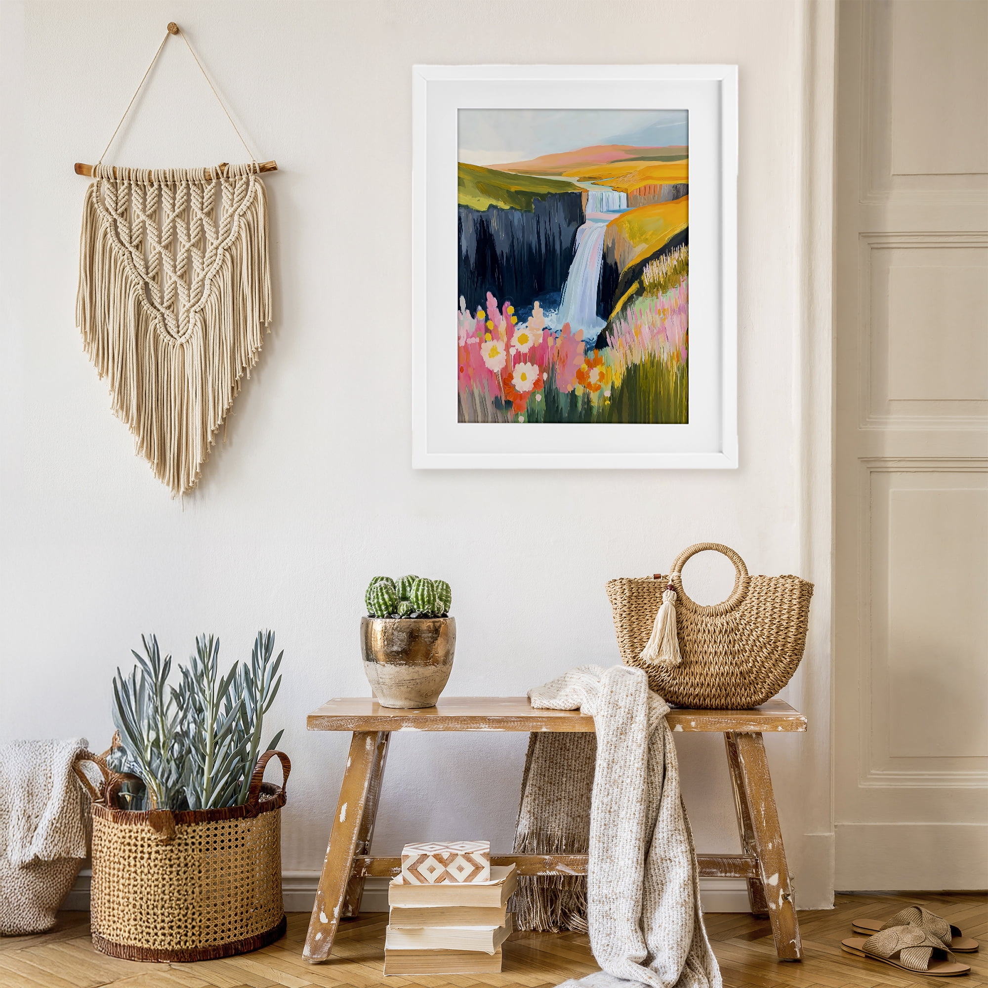 Stupell Industries Colorful Waterfall in Valley White Framed Print Under Glass, design by The Prints Vibe