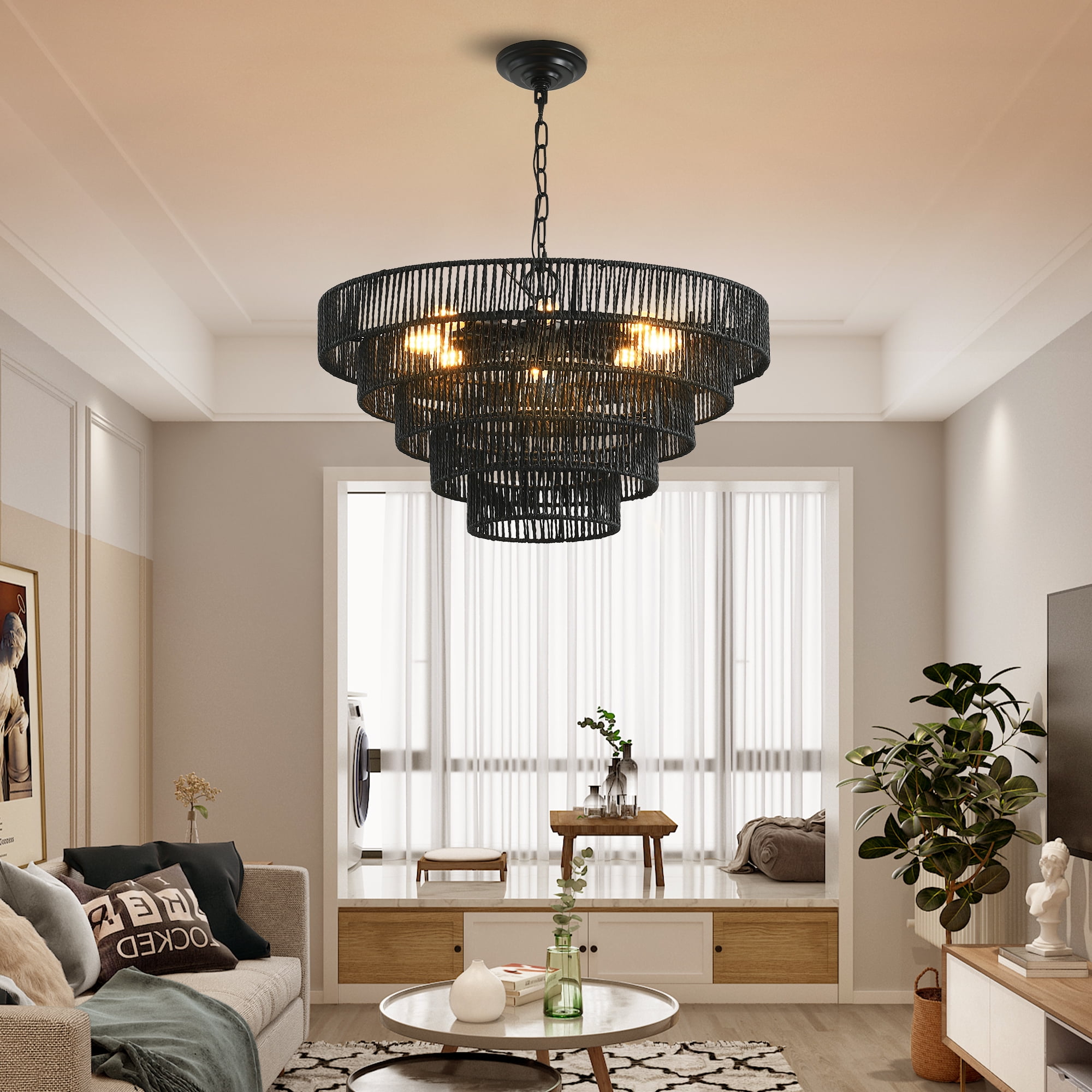 Jopath 24" Rustic 5-Tier Black Hemp Rope Pendant Light Chandelier with 8 E12 Sockets, Boho Farmhouse Ceiling Fixture for Dining Room, Kitchen, or Entryway (Bulb Not Included)
