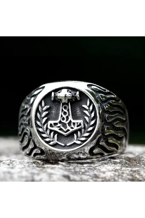 Stainless Steel Viking Thor's Hammer Ring Men Steel Punk Amulet Biker Jewelry-8