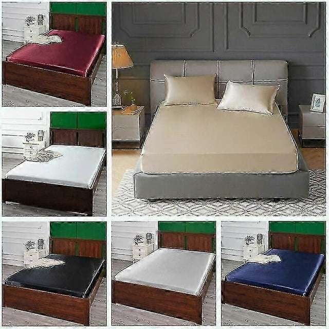 Satin Silk Fitted Sheet Luxury Solid Color Mattress Cover Elastic Band Double Bed Sheet Bedspread Cover Queen King Size Teal
