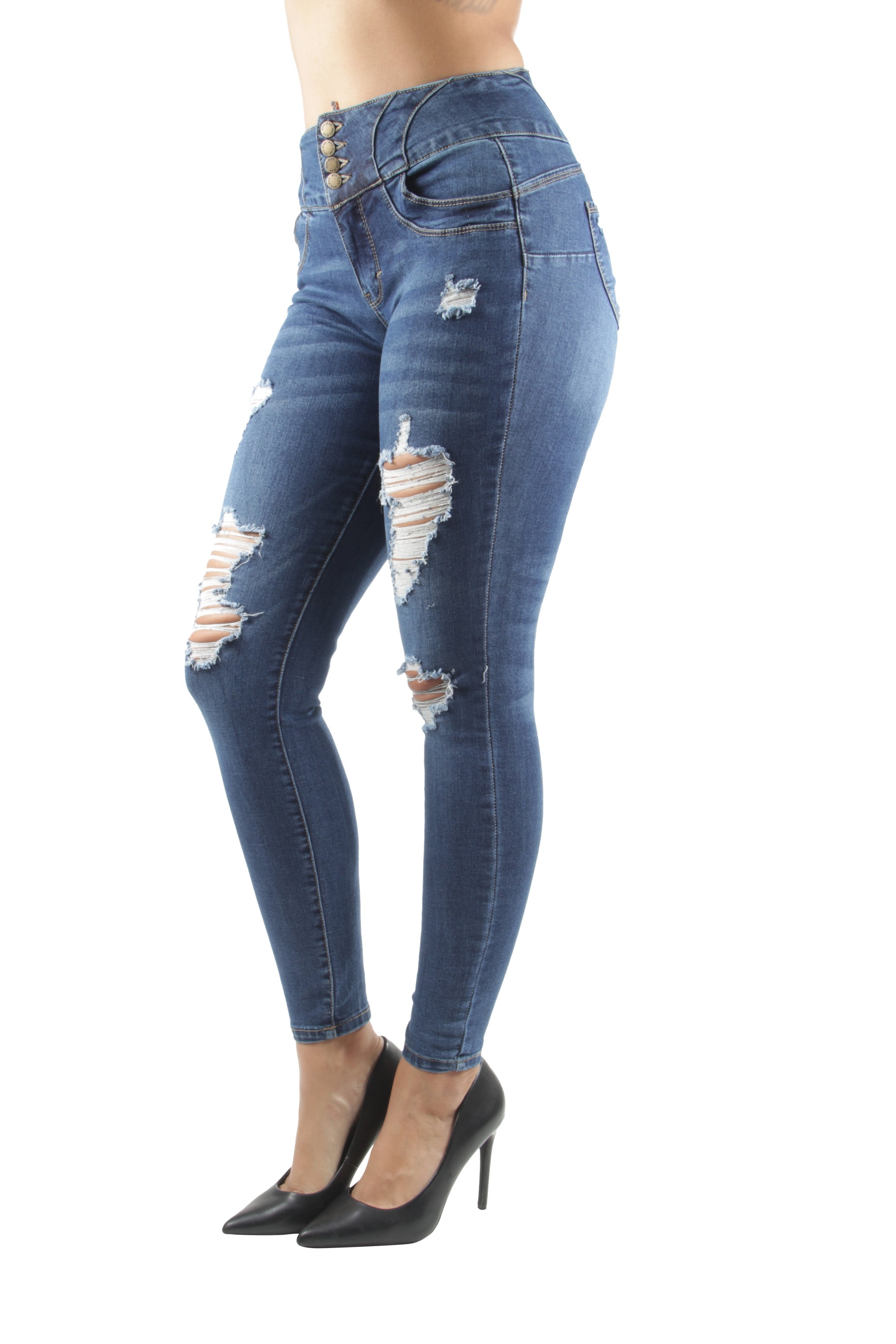 Women's Juniors Button Fly High Waist Fitted Premium Skinny Jeans 