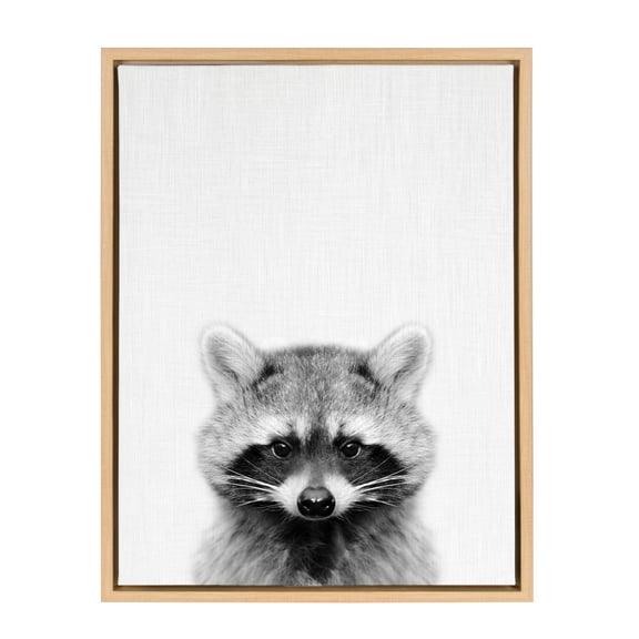Kate and Laurel Sylvie Raccoon Black and White Portrait Framed Canvas Wall Art by Simon Te Tai, 18x24 Natural