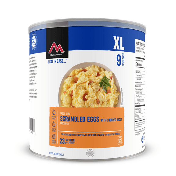 Mountain House Freeze Dried Scrambled Eggs with Uncured Bacon, 20 Oz #10 Can, Freeze-Dried Survival & Emergency Food, Gluten-Free, 9 Servings- 1 Can