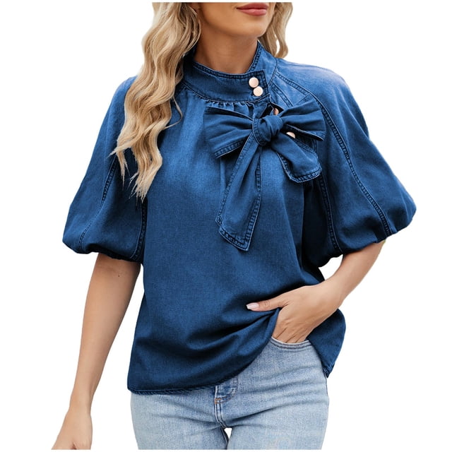 Blusas Sueltas para las Mujeres Botón de Color Sólido Cuello Suelto Atado Blusa de Hombro, Denim Manga Corta Cuello Redondo Superior, Lavado a Mano Todas las Estaciones