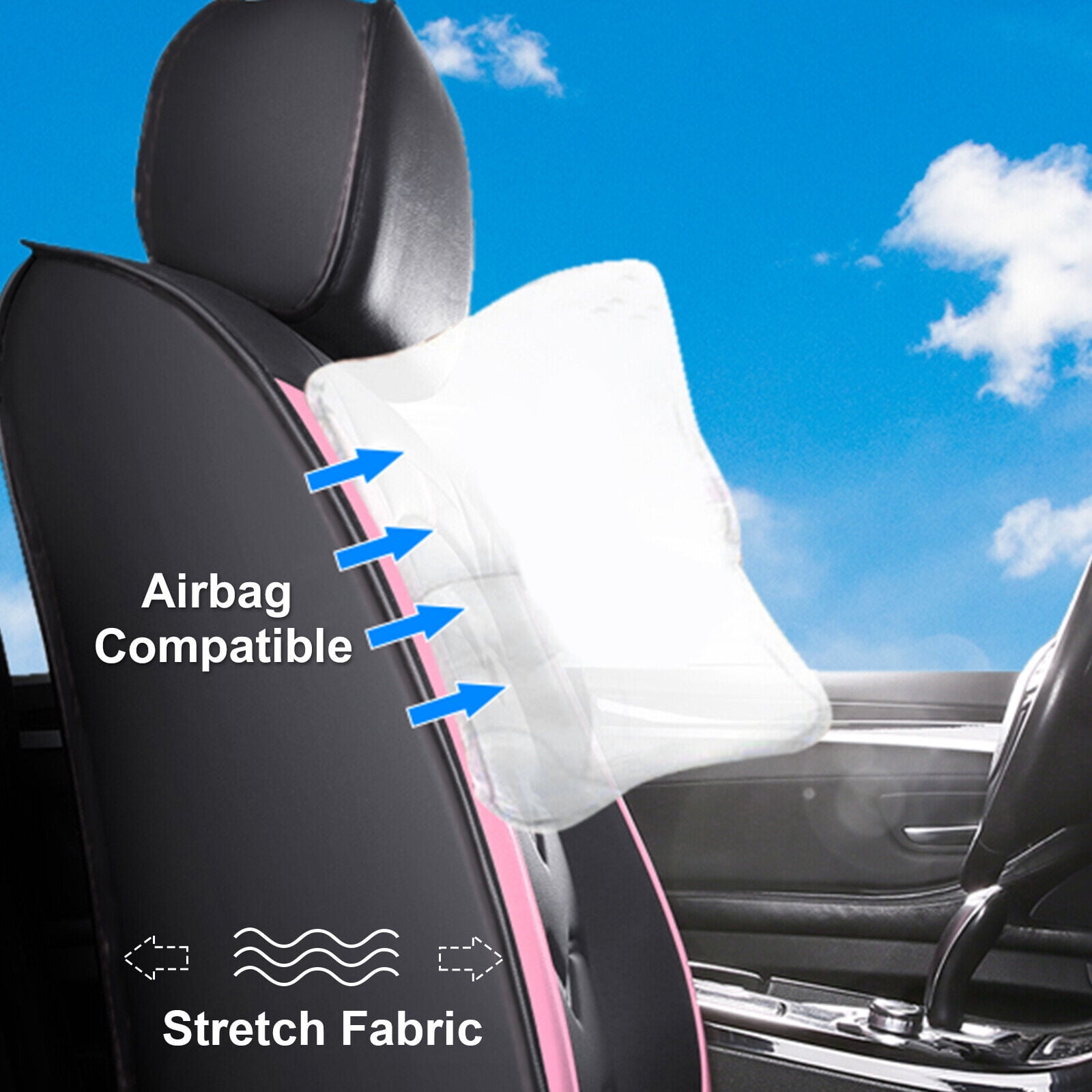 FANOTEK Black and Pink, Premium Leather, Full Set, Front and Rear Seat Covers, 5 Pieces