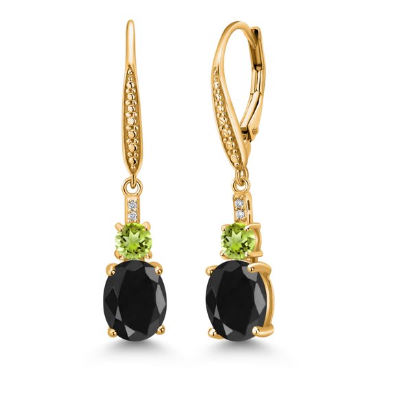 Gem Stone King 18K Yellow Gold Plated Silver Black Sapphire and Green Peridot Dangle Earrings for Women with Lab Grown Diamond (5.63 Cttw, Oval 9X7MM)
