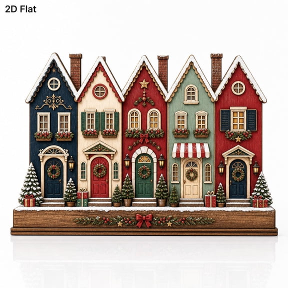 Christmas Village 2D Wooden Block, Colorful Winter Shelf Decor, Cozy Xmas Table Gift, Snowy Christmas Home Decor, Farmhouse Holiday Shelf Decor