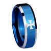 Tungsten Maltese Cross 8mm Glossy Blue Two Tone Polished Beveled Edges Men Ring