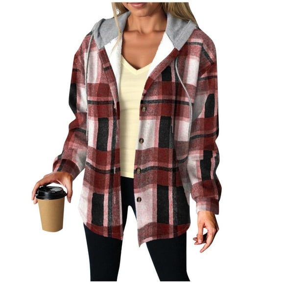 yardsong Womens Button Down Flannel Coat Fleece Lined Plaid Hooded Long Sleeve Fall Winter Wine,S
