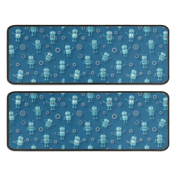 Robot and Gears Blue Pattern Anti Fatigue Kitchen Rugs Set Of 2, Non Slip Washable Decorative Floor Mats for Sink Laundry and Home Use, 17"x47"