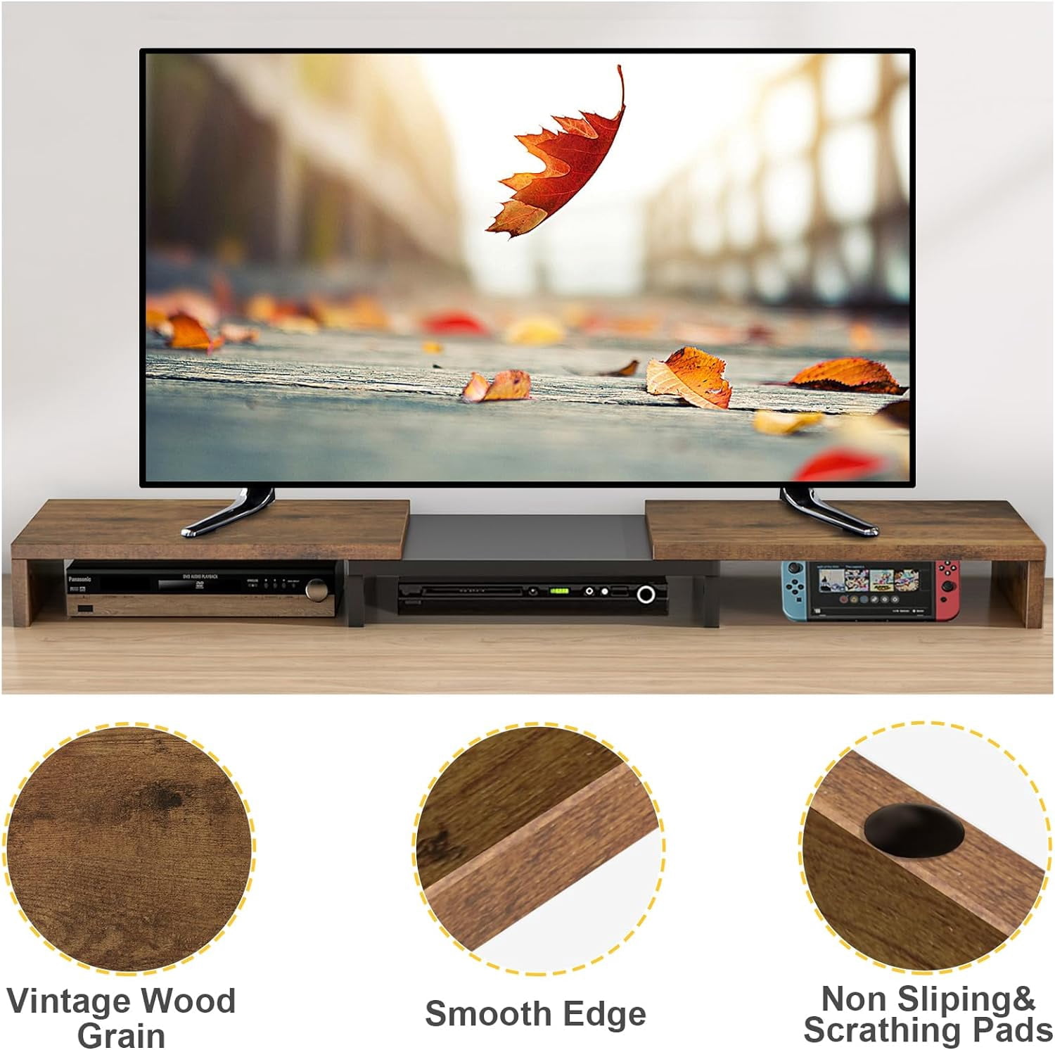 Dual Monitor Stand Riser, Computer Monitor Stands for 2 Monitors, Extra Long Multifunctional Wooden Desktop Organizer Riser for Computer, Laptop, PC, Printer, TV, Max 43.3" Length