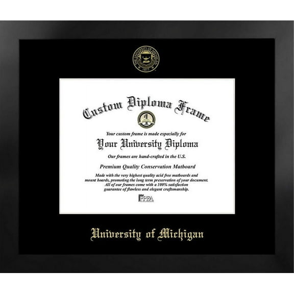 University of Michigan 11w x 8.5h Manhattan Black Single Mat Gold Embossed Diploma Frame with Bonus Campus Images Lithograph (value savings at $59)