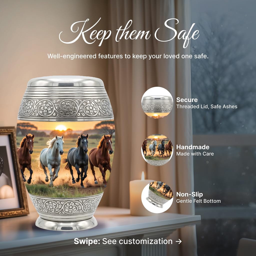 Set of 6 Cremation Urns for Human Ashes Includes 1 Large Urn with 4 Small Keepsakes & 1 Silver Necklace - Horse