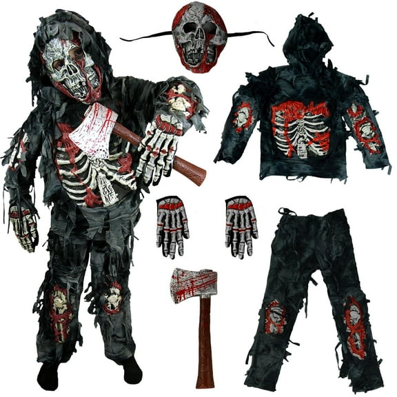Joyfy Kids Zombie Costume, Scary Halloween Zombie Costume for Boys, Monsters Costume with Plastic Toy Axe for Halloween Party Dress-Up Age Up to 14 Years