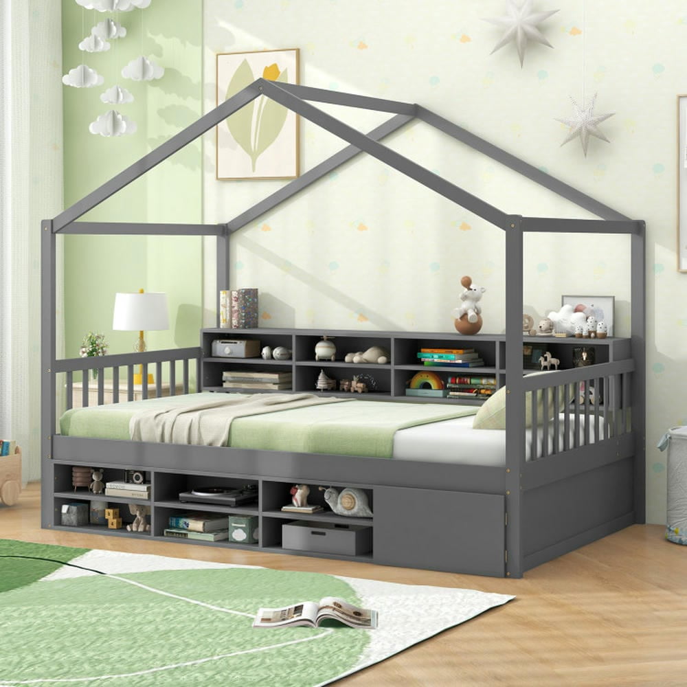 Kepooman Bed Frame, Bed Frame Mattress Foundation,Twin Size House Bed with Roof with 14 Storage Cubes and Enclosed Cabinet-Gray