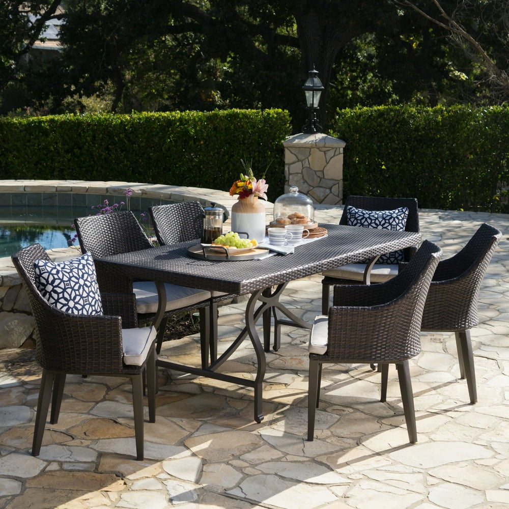 Hartiford Outdoor 7 Piece Wicker Rectangular Dining Set with Aluminum