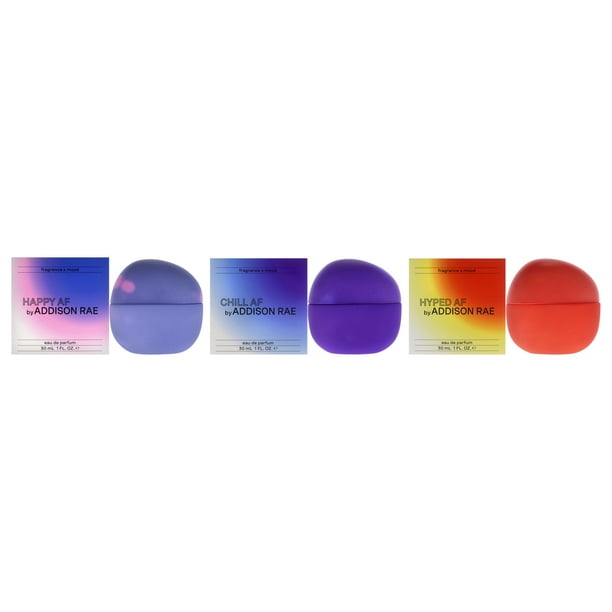 Kit Addison Rae de Addison Rae para mujer: kit de 3 piezas: spray EDP Chill AF de 1 oz, spray EDP Hyped AF de 1 oz y spray EDP Happy AF de 1 oz